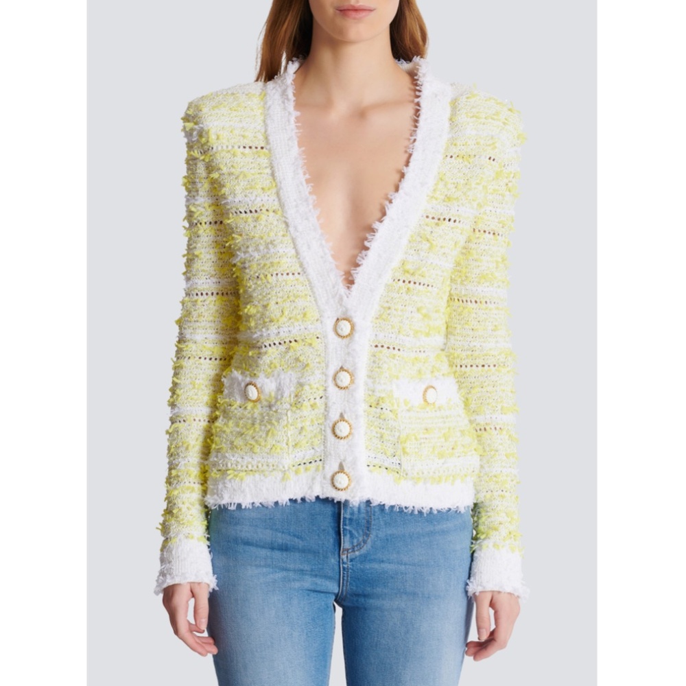 Balmain Yellow and White Tweed Cardigan 42 FR 10 US DF1KL106KG71